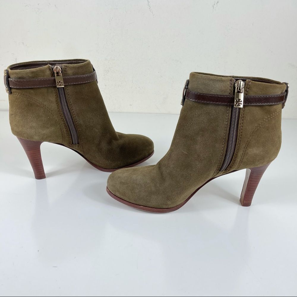 Tory Burch Patricia Mid Heel Suede Zip Up Almond Toe Bootie Ankle Boots Size 6 - Picture 5 of 16